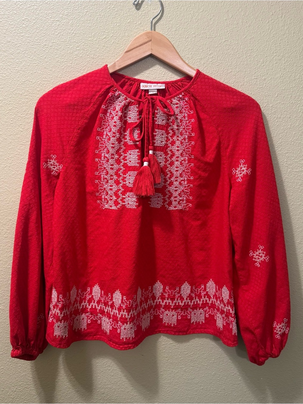 Women’s Small Knox Rose Red Embroidered Tie Neck Long Sleeve Blouse